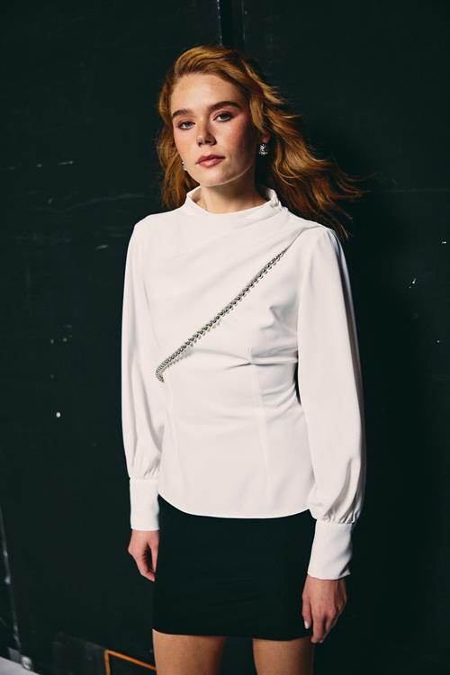 Wholesale Womens Ecru Mock-Neck Blouse with Bishop Sleeves