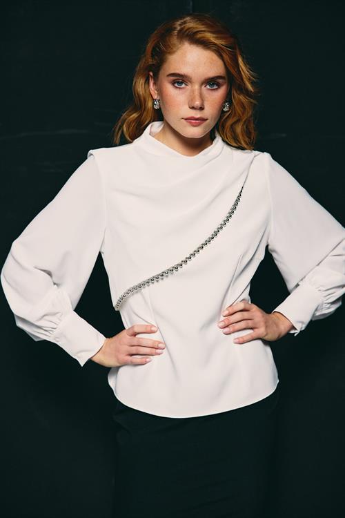 Wholesale Womens Ecru Mock-Neck Blouse with Bishop Sleeves