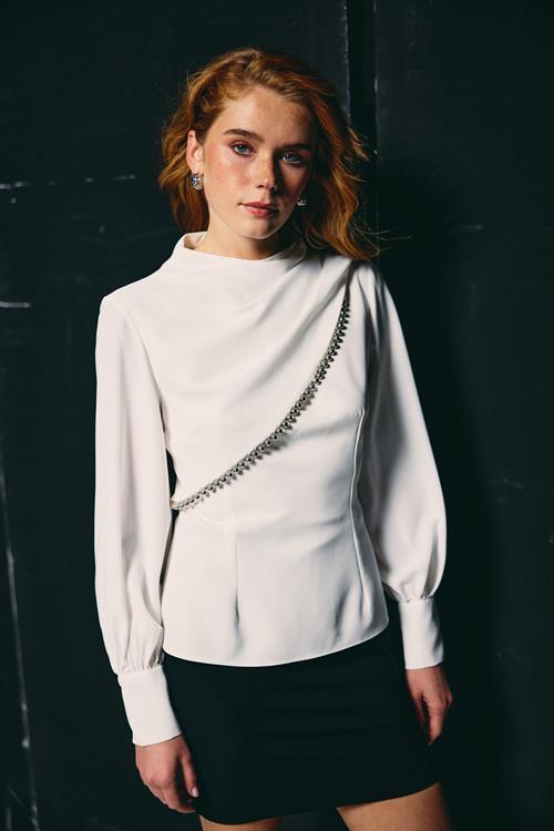 Wholesale Womens Ecru Mock-Neck Blouse with Bishop Sleeves