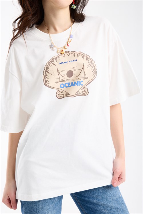 Wholesale Womens Ecru Oversized Printed T-Shirt