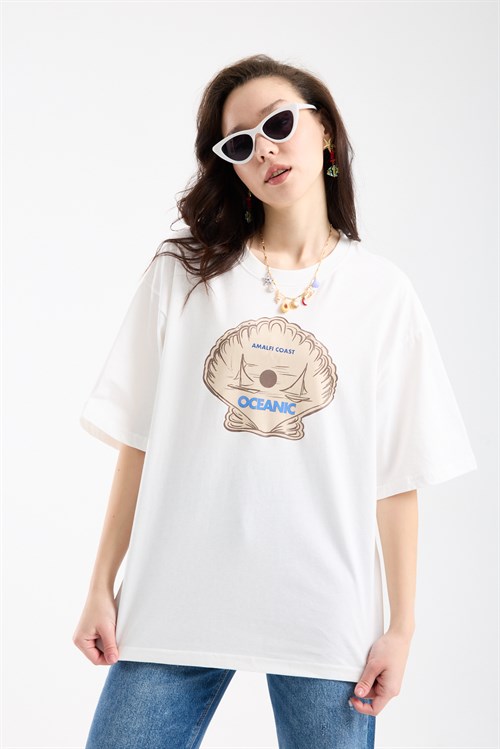 Wholesale Womens Ecru Oversized Printed T-Shirt