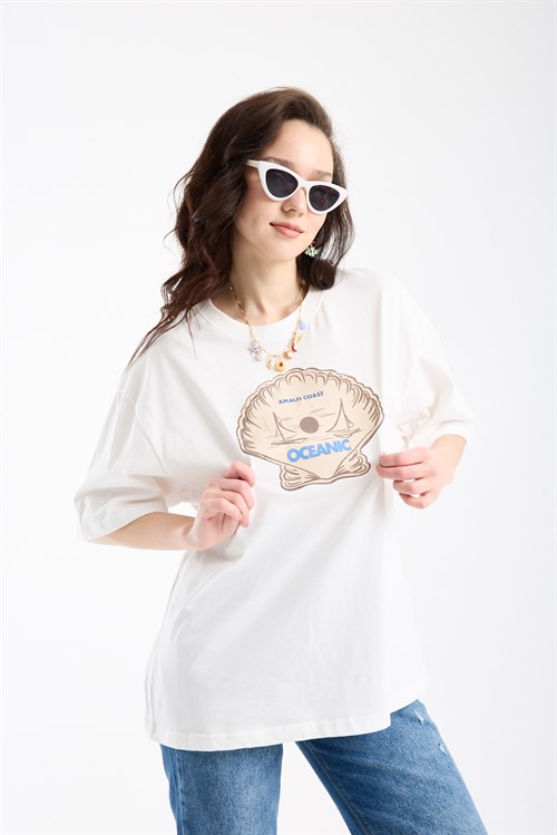 Wholesale Womens Ecru Oversized Printed T-Shirt