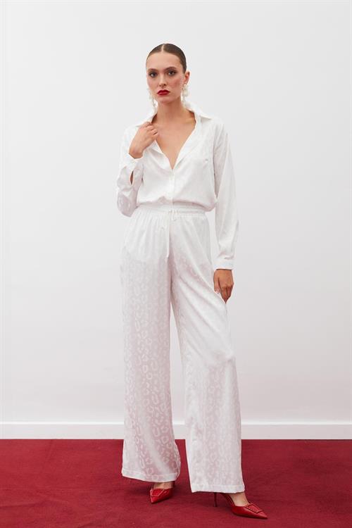 Wholesale Womens Ecru Patterned Trousers with Elastic Waist