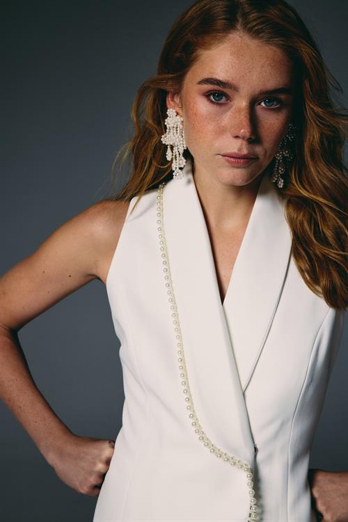 Wholesale Womens Ecru Pearl-Embellished Wrap Waistcoat