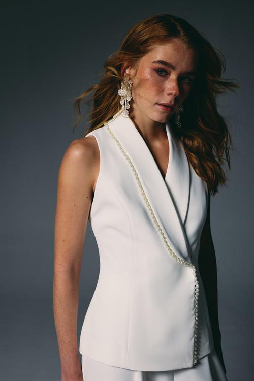 Wholesale Womens Ecru Pearl-Embellished Wrap Waistcoat