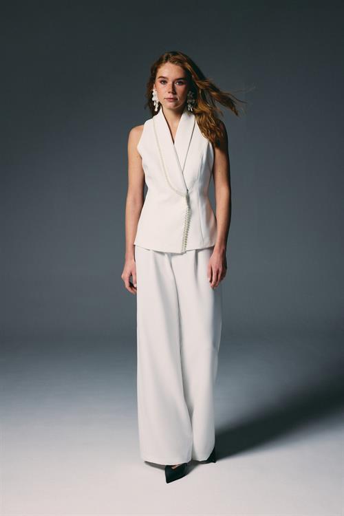 Wholesale Womens Ecru Pearl-Embellished Wrap Waistcoat