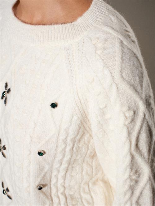 Wholesale Womens Ecru Raglan-Sleeve Crew-Neck Knit Sweater with Rhinestone Embellishments