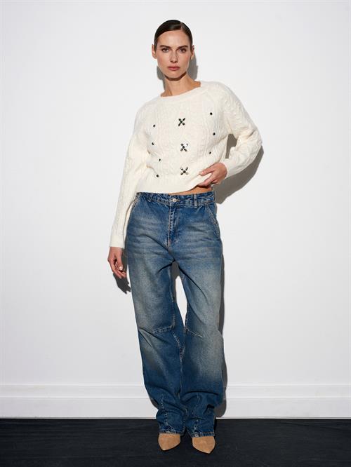 Wholesale Womens Ecru Raglan-Sleeve Crew-Neck Knit Sweater with Rhinestone Embellishments