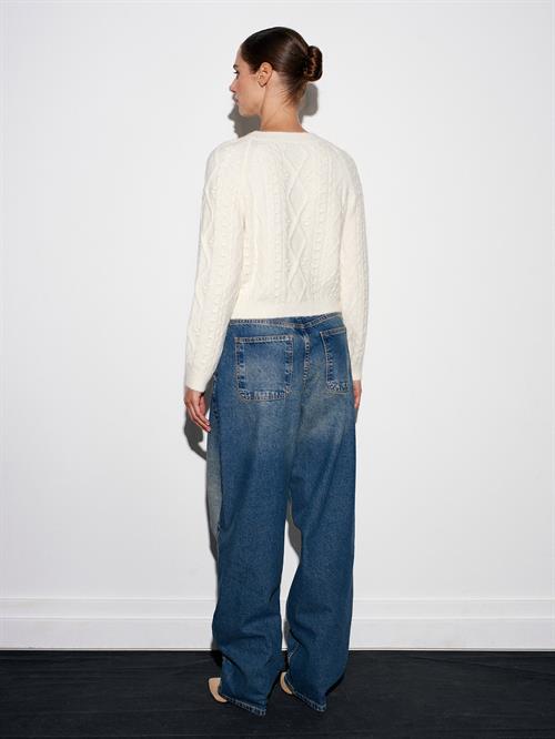 Wholesale Womens Ecru Raglan-Sleeve Crew-Neck Knit Sweater with Rhinestone Embellishments