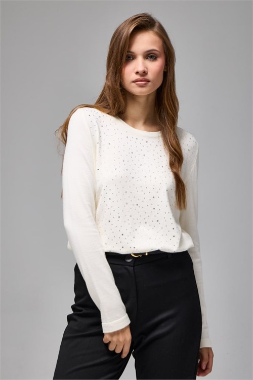 Wholesale Womens Ecru Rhinestone-Embellished Crew-Neck Knit Sweater