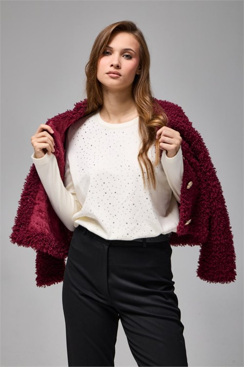 Wholesale Womens Ecru Rhinestone-Embellished Crew-Neck Knit Sweater