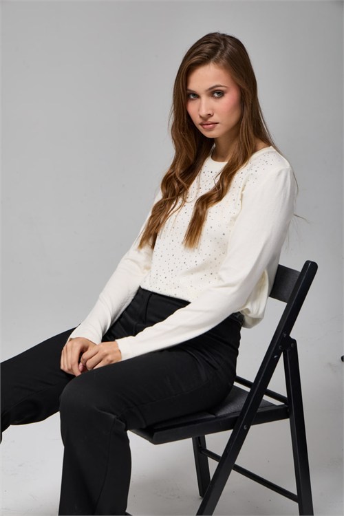 Wholesale Womens Ecru Rhinestone-Embellished Crew-Neck Knit Sweater