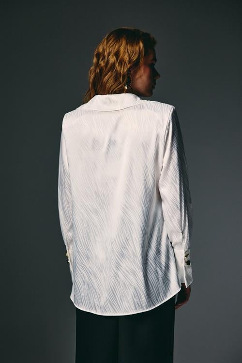 Wholesale Womens Ecru Satin Jacquard Shirt with Wide Buttoned Cuffs