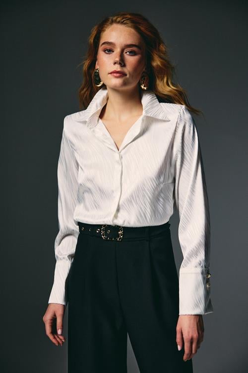 Wholesale Womens Ecru Satin Jacquard Shirt with Wide Buttoned Cuffs
