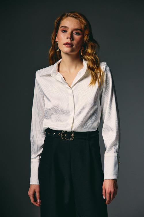 Wholesale Womens Ecru Satin Jacquard Shirt with Wide Buttoned Cuffs