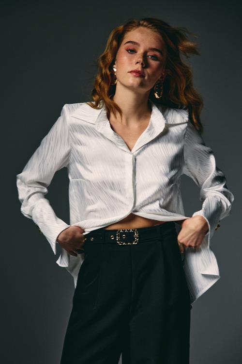 Wholesale Womens Ecru Satin Jacquard Shirt with Wide Buttoned Cuffs