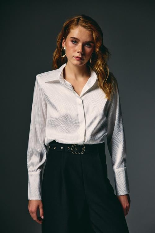Wholesale Womens Ecru Satin Jacquard Shirt with Wide Buttoned Cuffs