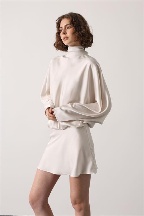 Wholesale Womens Ecru Satin Mini Dress with Tie-Neck