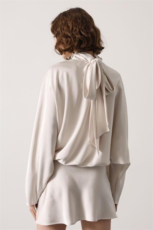 Wholesale Womens Ecru Satin Mini Dress with Tie-Neck