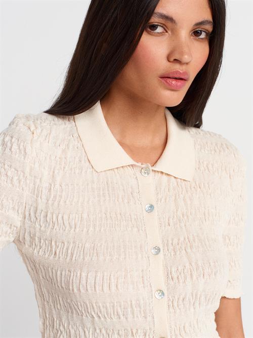 Wholesale Womens Ecru Short-Sleeve Button-Up Textured Fine Knit Cardigan