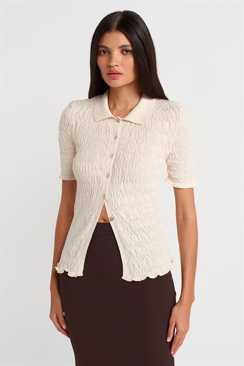 Wholesale Womens Ecru Short-Sleeve Button-Up Textured Fine Knit Cardigan