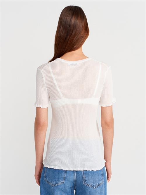 Wholesale Womens Ecru Short-Sleeve Fine Knit Crew-Neck Blouse with Ruffled Trim