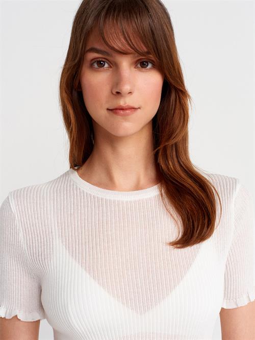 Wholesale Womens Ecru Short-Sleeve Fine Knit Crew-Neck Blouse with Ruffled Trim