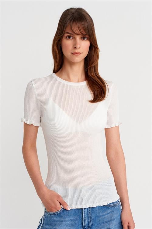 Wholesale Womens Ecru Short-Sleeve Fine Knit Crew-Neck Blouse with Ruffled Trim