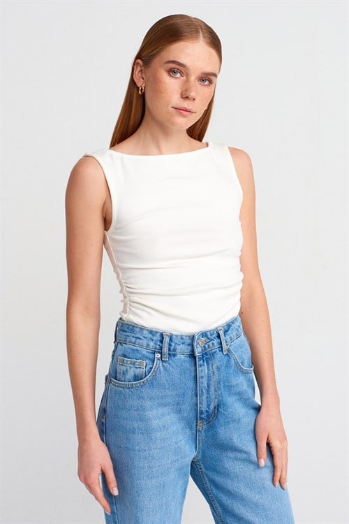 Wholesale Womens Ecru Side Gathered Boat-Neck Top