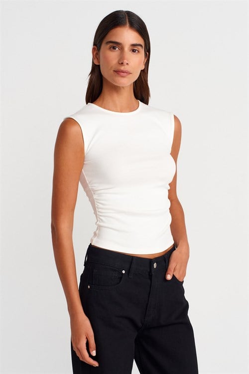 Wholesale Womens Ecru Side Gathered T-Shirt