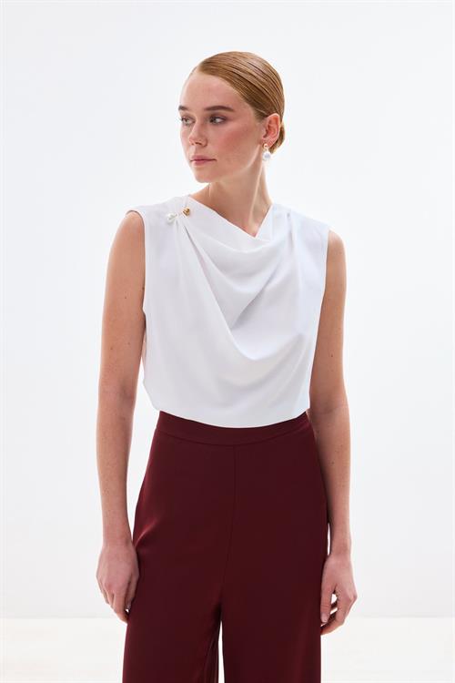 Wholesale Womens Ecru Sleeveless Blouse with Pearl Embellishment