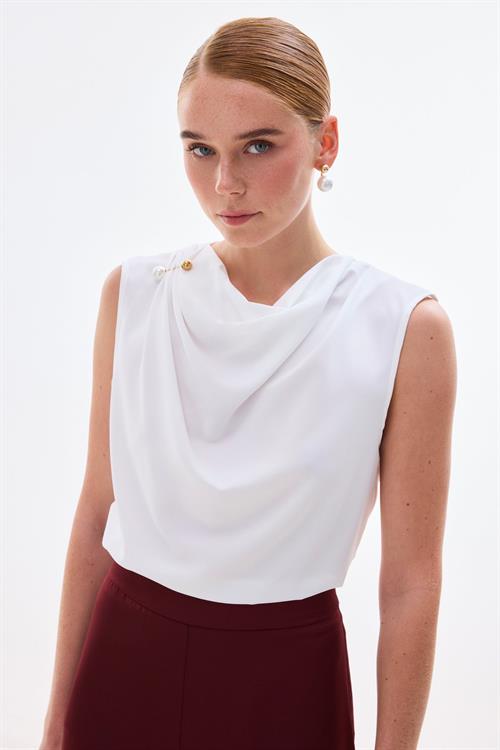 Wholesale Womens Ecru Sleeveless Blouse with Pearl Embellishment