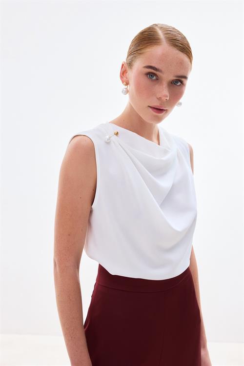 Wholesale Womens Ecru Sleeveless Blouse with Pearl Embellishment