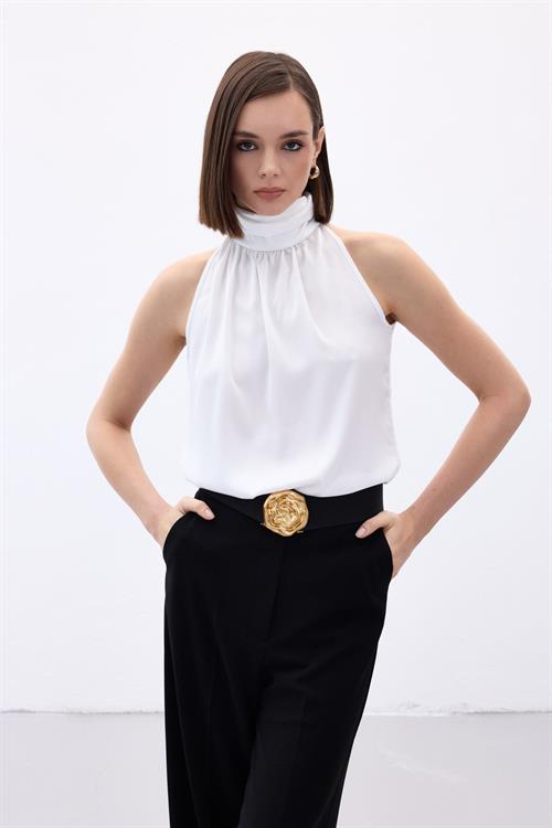 Wholesale Womens Ecru Sleeveless Mock-Neck Blouse