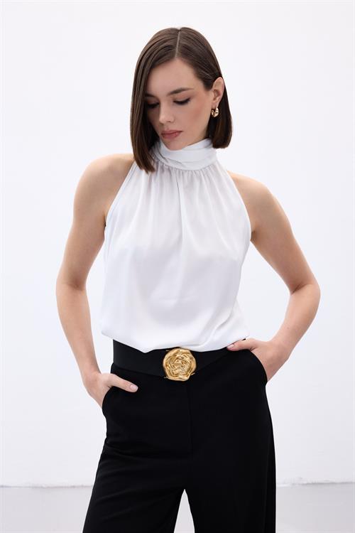 Wholesale Womens Ecru Sleeveless Mock-Neck Blouse