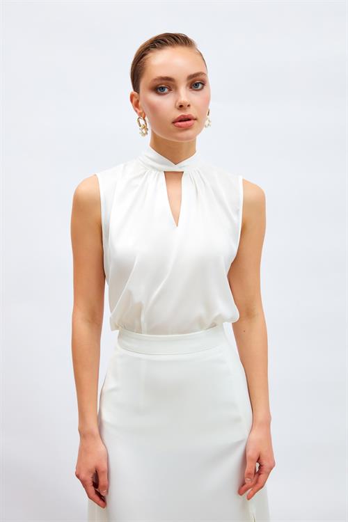 Wholesale Womens Ecru Sleeveless Mock-Neck Satin Blouse