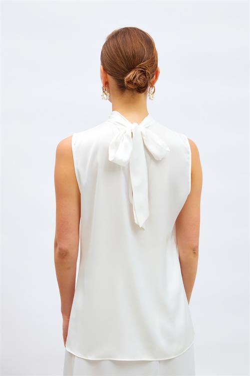 Wholesale Womens Ecru Sleeveless Mock-Neck Satin Blouse