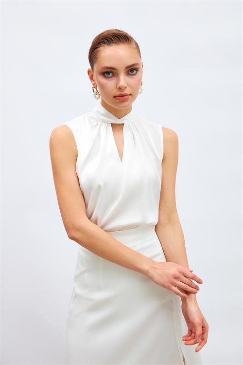 Wholesale Womens Ecru Sleeveless Mock-Neck Satin Blouse