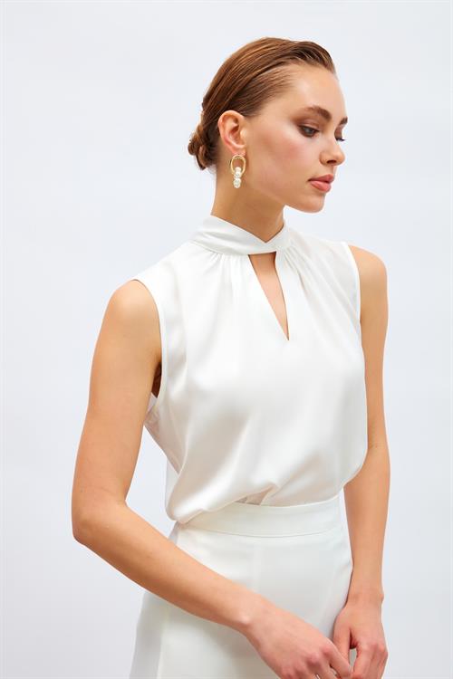 Wholesale Womens Ecru Sleeveless Mock-Neck Satin Blouse