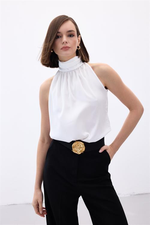 Wholesale Womens Ecru Sleeveless Mock-Neck Blouse