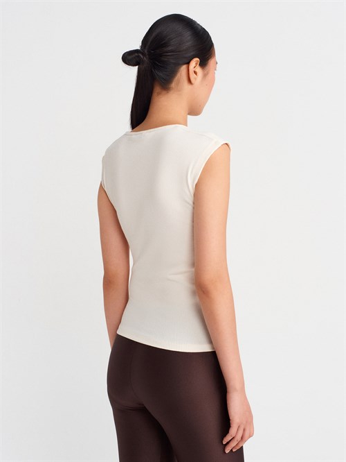 Wholesale Womens Ecru Sleeveless Top with Button-Up Half Placket