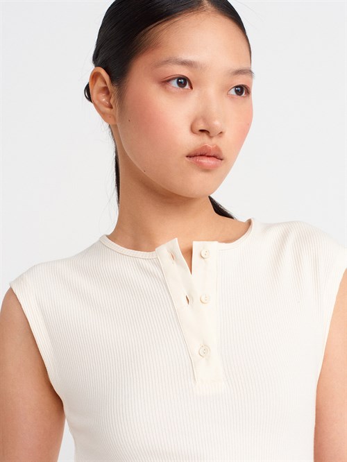 Wholesale Womens Ecru Sleeveless Top with Button-Up Half Placket