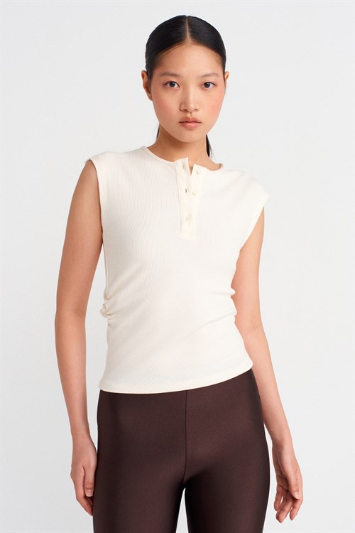 Wholesale Womens Ecru Sleeveless Top with Button-Up Half Placket