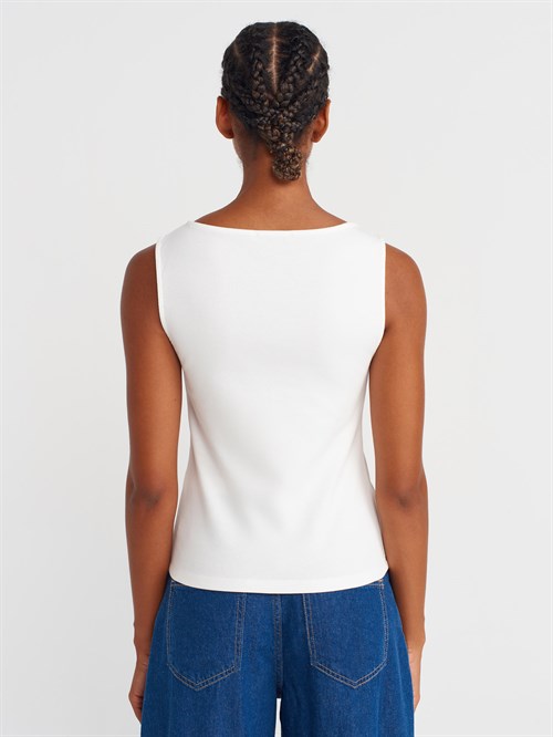 Wholesale Womens Ecru Sleeveless Top with Two-Way Zipper