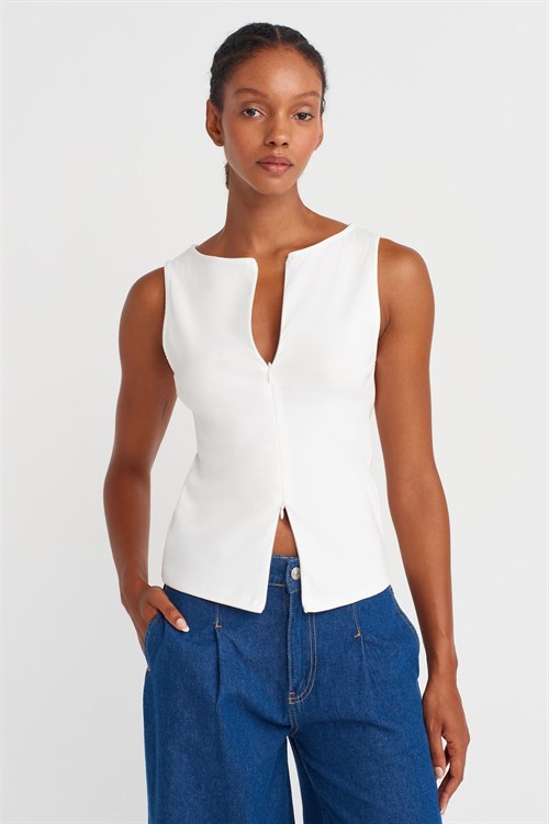 Wholesale Womens Ecru Sleeveless Top with Two-Way Zipper