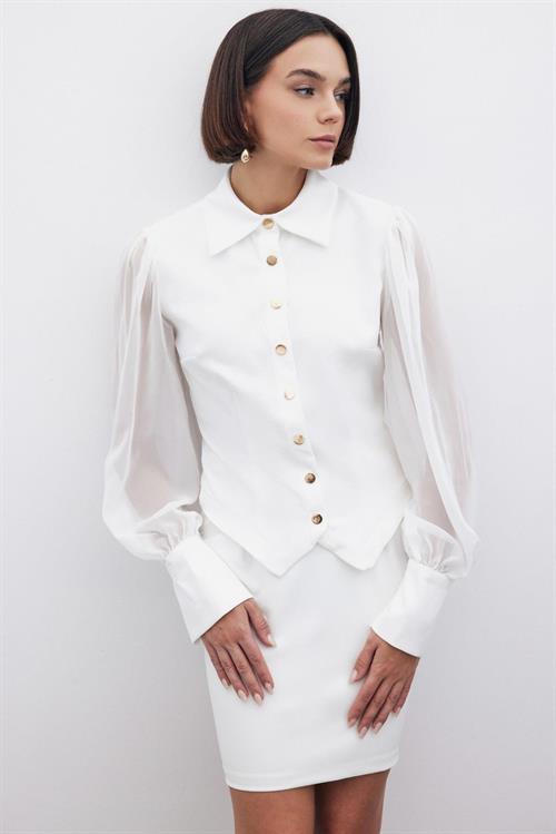 Wholesale Womens Ecru Snap-Up Shirt with Chiffon Bishop Sleeves
