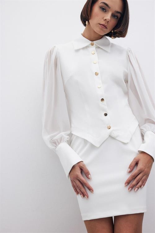 Wholesale Womens Ecru Snap-Up Shirt with Chiffon Bishop Sleeves
