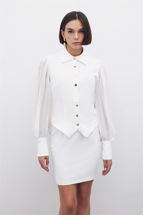 Wholesale Womens Ecru Snap-Up Shirt with Chiffon Bishop Sleeves