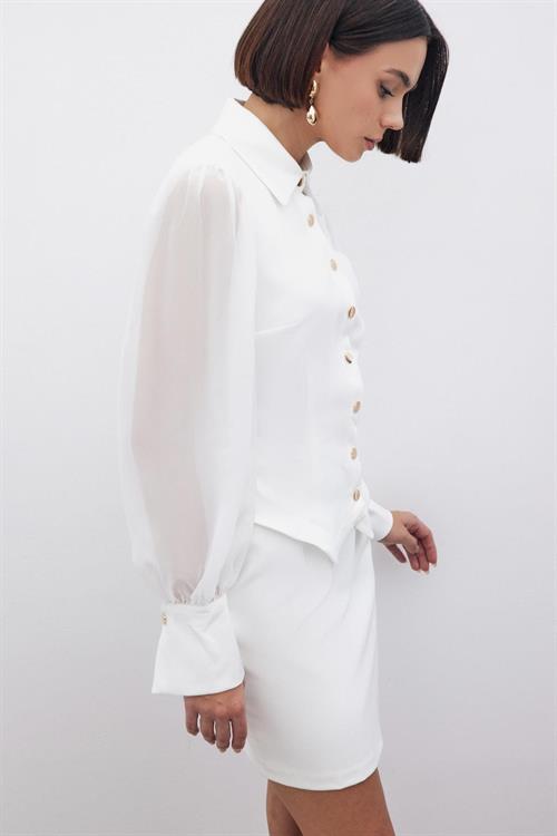 Wholesale Womens Ecru Snap-Up Shirt with Chiffon Bishop Sleeves