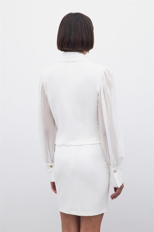 Wholesale Womens Ecru Snap-Up Shirt with Chiffon Bishop Sleeves